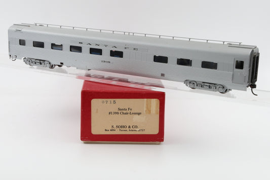 S.Soho & Co., HO scale, Brass, Santa Fe Chair Lounge #1398 body mounted Kadee couplers, metal wheels, Original box, pre-owned, 0715,