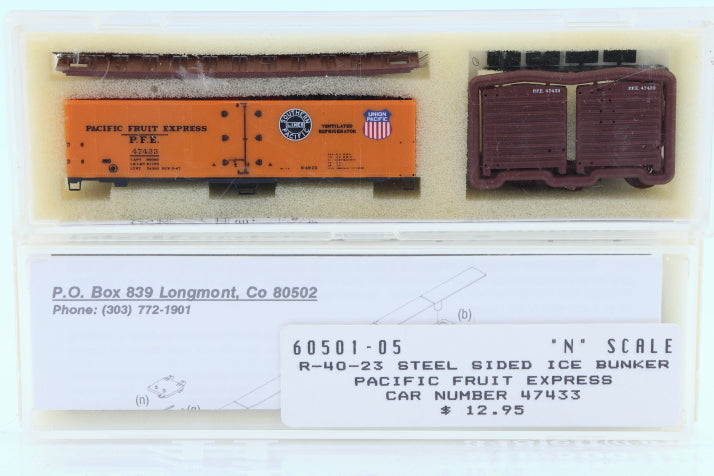 Intermountain N scale Pacific Fruit Express (PFE) 40' Steel Sided Ice Bunker Reefer car kit, R-40-23, 47433, 60501-05, preowned, new in box