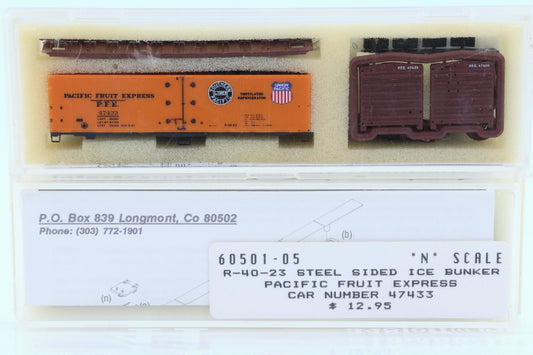 Intermountain N scale Pacific Fruit Express (PFE) 40' Steel Sided Ice Bunker Reefer car kit, R-40-23, 47433, 60501-05, preowned, new in box