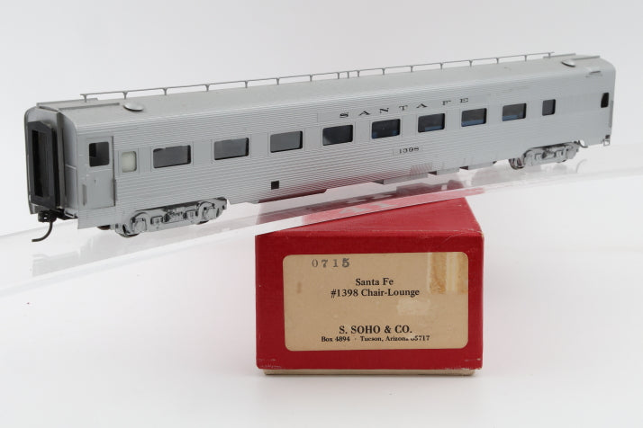 S.Soho & Co., HO scale, Brass, Santa Fe Chair Lounge #1398 body mounted Kadee couplers, metal wheels, Original box, pre-owned, 0715,