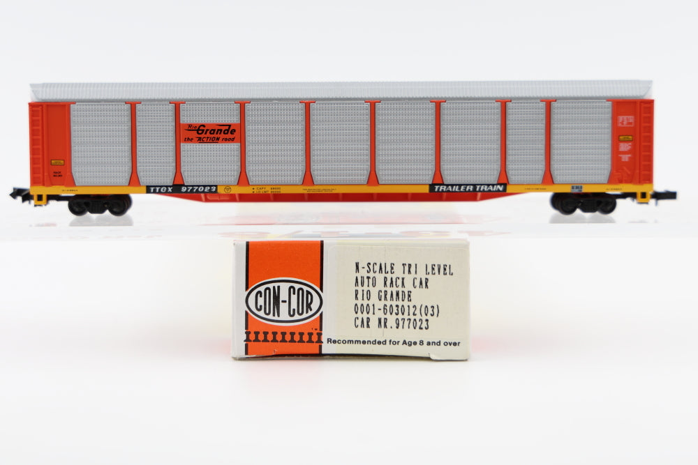 Con-Cor N scale Rio Grande (DRGW) Tri Level Auto Rack Car, 977023, Rapido couplers, #0001-603012(03)