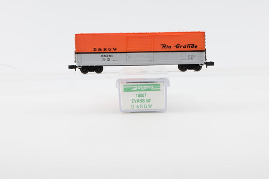 Bev-Bel N scale Rio Grande (DRGW) 50' Evans box car, 68351, 10007 Rapido Couplers