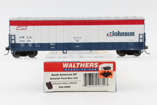 Walthers, HO scale, Johnson Wax (JWAX) North America 50' Exterior Post Box Car, 49006, 932-3608