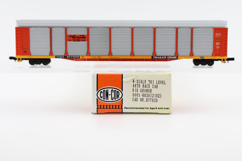 Con-Cor N scale Rio Grande (DRGW) Tri Level Auto Rack Car, 977039, Rapido couplers, #0001-603012(02)