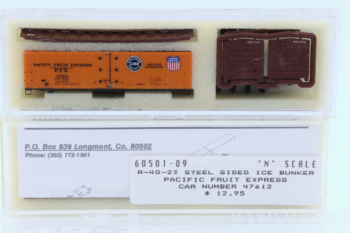 Intermountain N scale Pacific Fruit Express (PFE) 40' Steel Sided Ice Bunker Reefer car kit, R-40-23, 47612, 60501-09, preowned, new in box