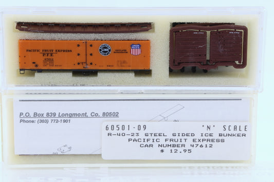 Intermountain N scale Pacific Fruit Express (PFE) 40' Steel Sided Ice Bunker Reefer car kit, R-40-23, 47612, 60501-09, preowned, new in box