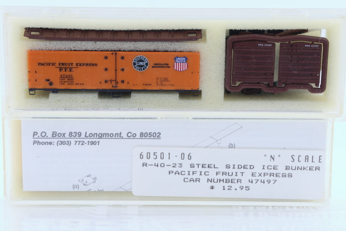 Intermountain N scale Pacific Fruit Express (PFE) 40' Steel Sided Ice Bunker Reefer car kit, R-40-23, 47497, 60501-06, preowned, new in box