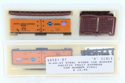 Intermountain N scale Pacific Fruit Express (PFE) 40' Steel Sided Ice Bunker Reefer car kit, R-40-23, 47541, 60501-07, preowned, new in box