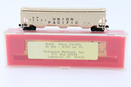 Precision Masters, N scale, Union Pacific (UP) 18 Rib, 4750cu. ft 3-Bay Covered Hopper, Micro-trains couplers (and trucks?), 74521, 1401