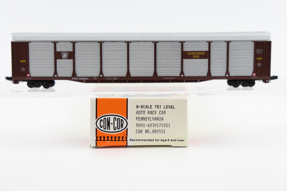 Con-Cor N scale Pennsylvania (PRR) Tri Level Auto Rack Car, 480551, Rapido couplers, #0001-603017(01)