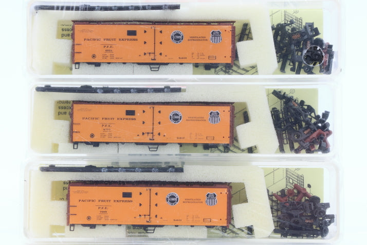 Precision Masters, N scale, Pacific Fruit Express (PFE) 3-pack 40' Steel side Reefers kits, #1801-#2
