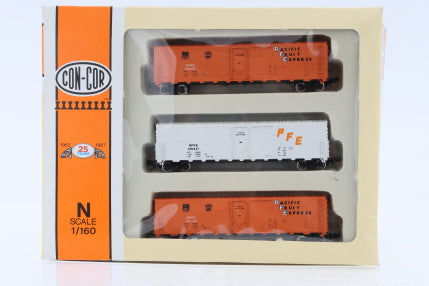Con-Cor N scale Southern Pacific SPFE 50ft Reefer 3 pack, Rapido style couplers, #001 008931, NIB, pre-owned