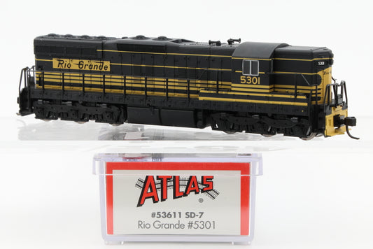 Atlas N scale Rio Grande (DRGW) EMD SD7 5301, DC, Kadee style couplers, new in box, Pre-owned, never used, #53611