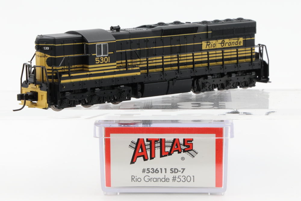 Atlas N scale Rio Grande (DRGW) EMD SD7 5301, DC, Kadee style couplers, new in box, Pre-owned, never used, #53611