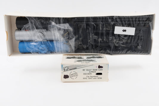 Walthers, HO scale, 36' Gulf Tank Car 3-pack kits, car numbers 5010,13417,18786, 932-9070, partly opened factory seal, appears complete