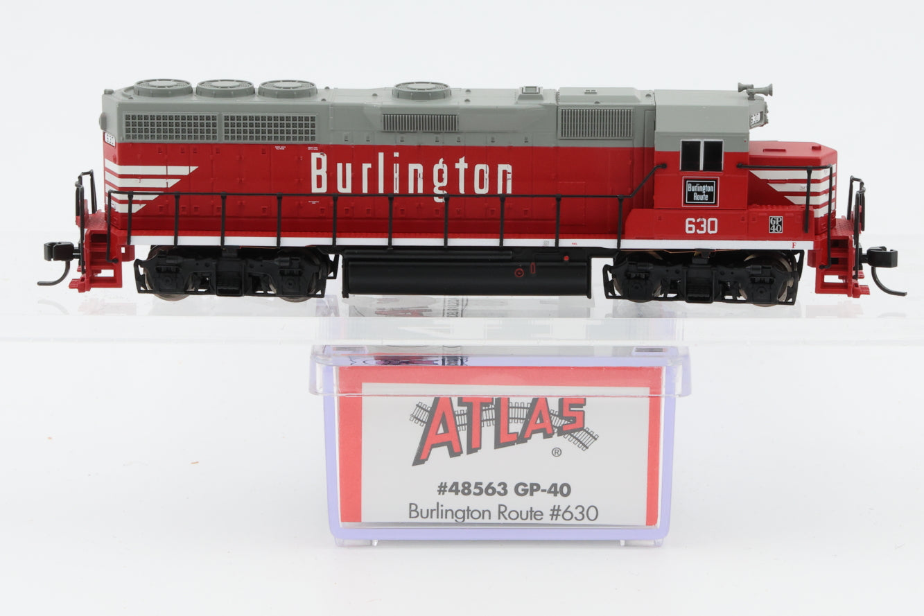Atlas N scale Chicago, Burlington and Quincy (CBQ) GP40 630, NIB, Kadee style couplers (Copy)