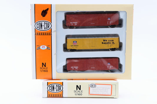 Con-Cor N scale Union Pacific (UP) 50ft Box cars, grain door box, 3 pack set, Rapido couplers, #0001-008973