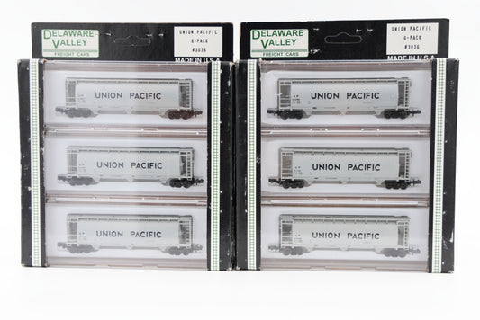 Delaware Valley Freight Car Corp N scale (Atlas built?) Union Pacific 3 bay Cylindrical Covered Hopper cars-6 pack, Rapido couplers, Photo show two-6 packs, front and back.