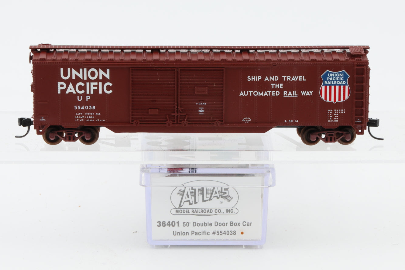Atlas N scale Union Pacific (UP) 50ft Double Door, Box car, Micro Trains style couplers, 554038, 36401