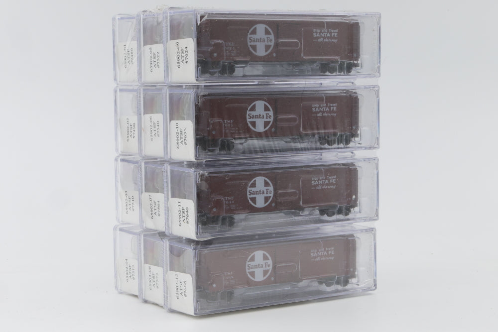 Intermountain N scale 12 pack Santa Fe 50ft AAR box cars, single door, 12 different numbers, Kadee Like couplers, 65902-01 thru 12