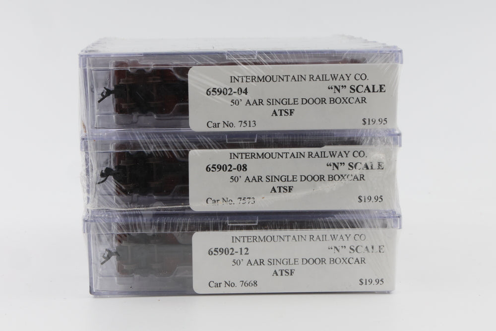 Intermountain N scale 12 pack Santa Fe 50ft AAR box cars, single door, 12 different numbers, Kadee Like couplers, 65902-01 thru 12