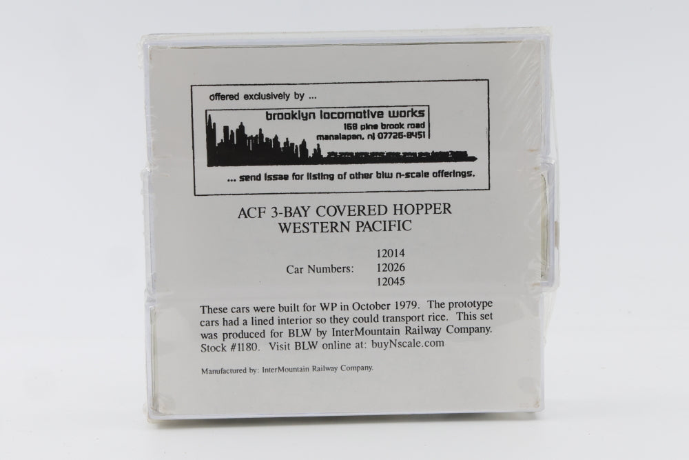 Brooklyn Locomotive Works (Intermountain) N scale 3 pack, Western Pacific (WP), ACF 3 -bay Covered Hopper cars, 3 different numbers, 12014-12026-12045, Kadee Like couplers, 1180, factory sealed