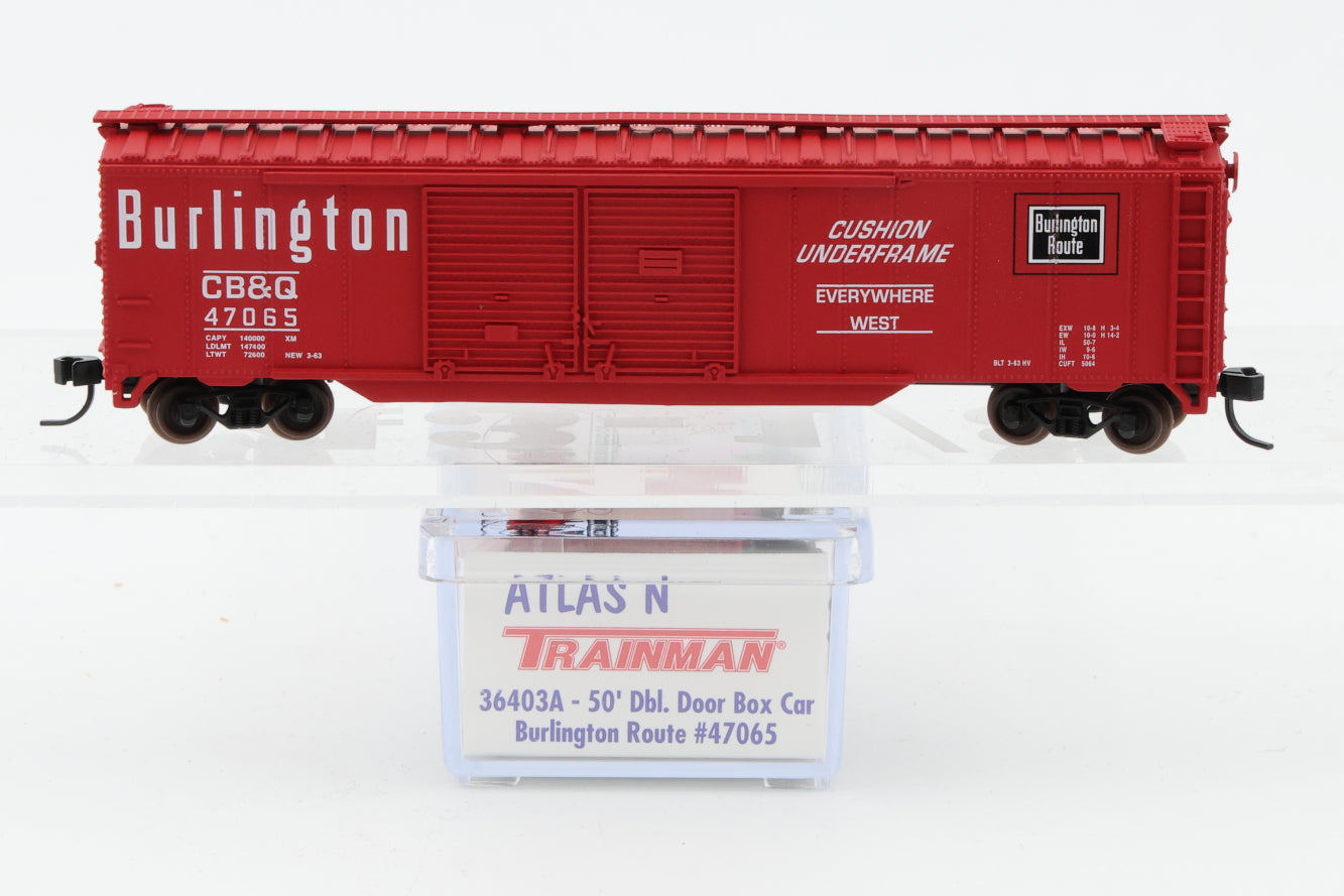 Atlas N scale Chicago Burlington and Quincy (CBQ) 50ft Double Door, Box car, Micro Trains style couplers, 47065, 36403A