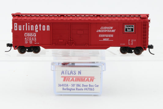 Atlas N scale Chicago Burlington and Quincy (CBQ) 50ft Double Door, Box car, Micro Trains style couplers, 47065, 36403A