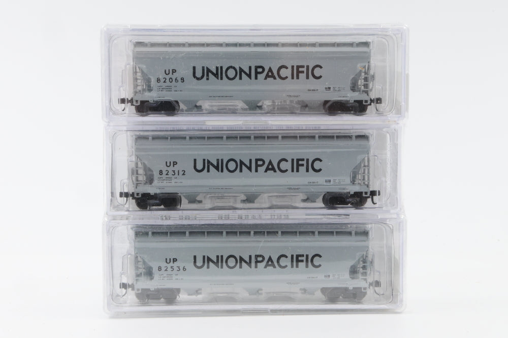 Brooklyn Locomotive Works (Intermountain) N scale 3 pack, Union Pacific (UP), ACF 3 -bay Covered Hopper cars, 3 different numbers, 82068-82312-82536, Kadee Like couplers, 1182, factory sealed