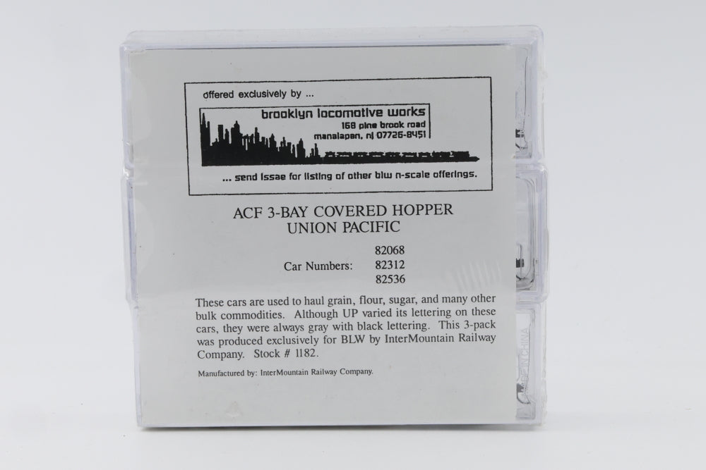 Brooklyn Locomotive Works (Intermountain) N scale 3 pack, Union Pacific (UP), ACF 3 -bay Covered Hopper cars, 3 different numbers, 82068-82312-82536, Kadee Like couplers, 1182, factory sealed