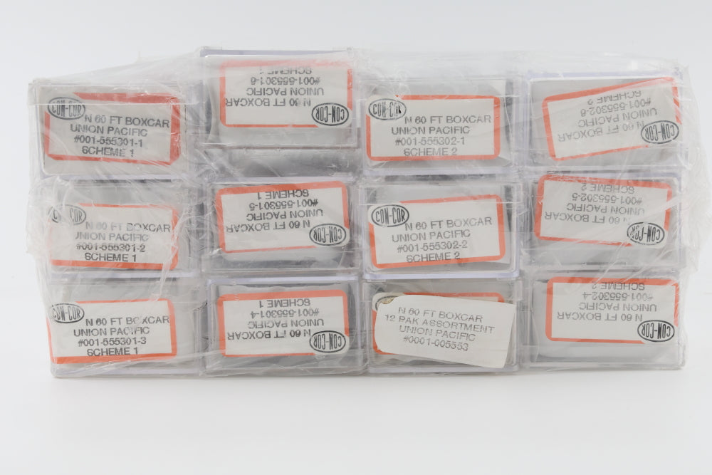 Con Cor N scale 12 pack, Union Pacific 60ft, Hi Cube Auto box cars, 2 different paint scheme, all cars have different numbers, metal wheels, rapido style couplers