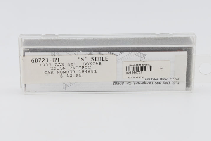 Intermountain N scale Union Pacific (UP) 1937 AAR 40' Boxcar kit, 184681 60721-04, preowned, new in box
