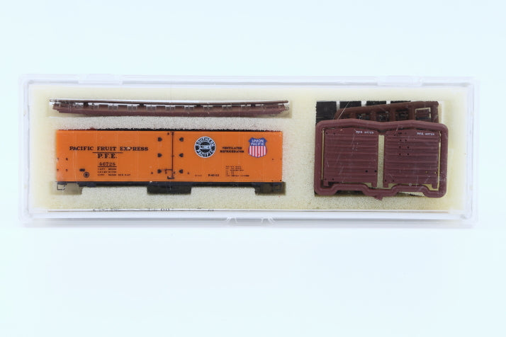 Intermountain N scale Pacific Fruit Express (PFE) 40' Steel Sided Ice Bunker Reefer car kit, R-40-23, 47728, 60501-13, preowned, new in box
