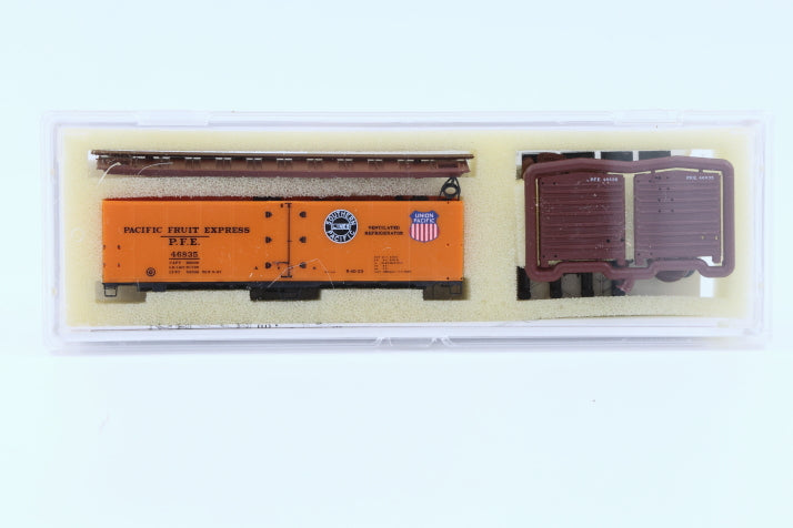 Intermountain N scale Pacific Fruit Express (PFE) 40' Steel Sided Ice Bunker Reefer car kit, R-40-23, 46835, 60501-14, preowned, new in box
