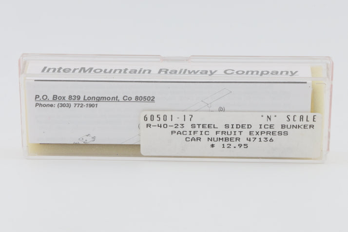 Intermountain N scale Pacific Fruit Express (PFE) 40' Steel Sided Ice Bunker Reefer car kit, R-40-23, 47136 60501-17, preowned, new in box