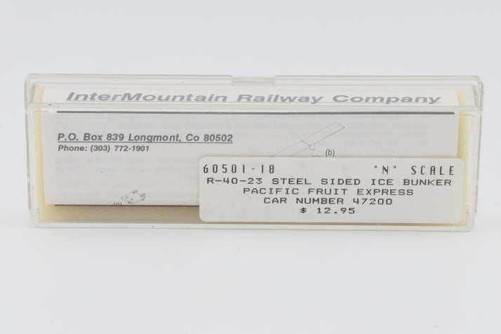 Intermountain N scale Pacific Fruit Express (PFE) 40' Steel Sided Ice Bunker Reefer car kit, R-40-23, 47200, 60501-18, preowned, new in box