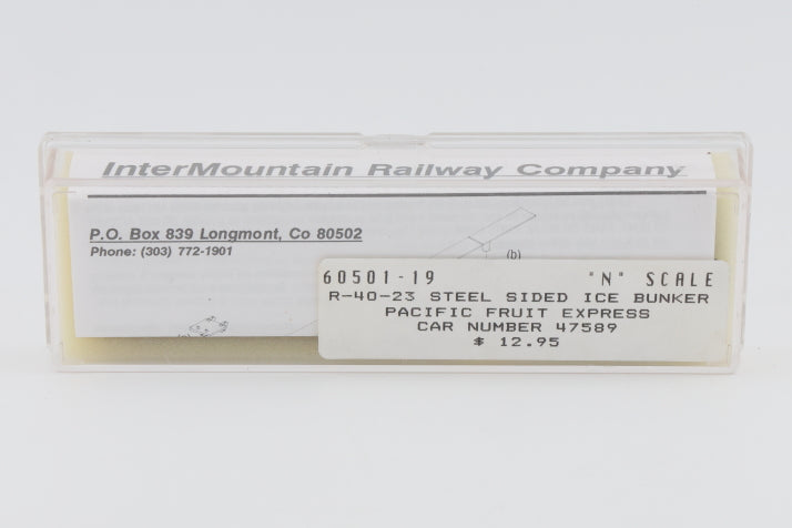 Intermountain N scale Pacific Fruit Express (PFE) 40' Steel Sided Ice Bunker Reefer car kit, R-40-23, 47589, 60501-19, preowned, new in box