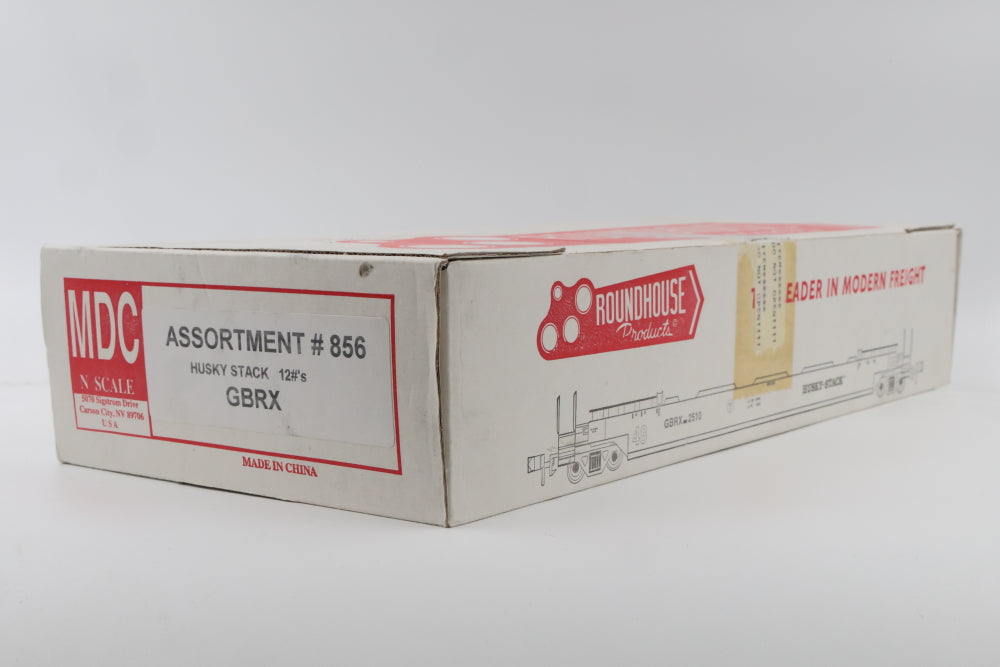 MDC-Roundhouse N scale 12 pack of 8473 Greenbrier Single Well Stack cars, GBRX, 12 different numbers, Rapido style couplers, NIB, never run, Assortment #856