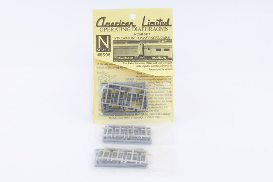 American Limited, N scale Operating Diaphrams, 6-car set Streamlined passenger cars, #8506, for Kato, Rivarossi, Atlas, and Con Cor cars