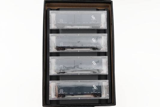 Micro Trains Line Chesapeake and Ohio Four Car Runner Pack 50ft Double Door, Box Cars, #32670, 272150, 272164, 272176, 272188, Original box(s)