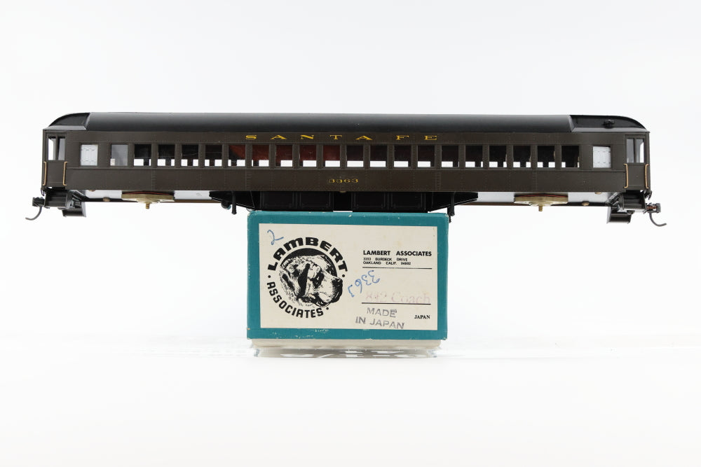 Lambert Associates, HO scale, Brass, Santa Fe Heavyweight Coach #3363, Custom painted, body mounted Kadee couplers, No trucks, Central Valley mounting bolster for trucks, Original box