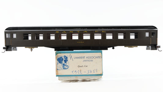 Lambert Associates, HO scale, Brass, Santa Fe Heavyweight Coach #3350, Custom painted, body mounted Kadee couplers, No trucks, Central Valley mounting bolster for trucks, Original box
