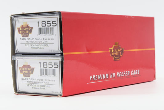 Broadway Limited HO Scale 2-Pack, Kansas City Southern-GACX 53'6" Wood Express Refrigerator Cars #1414 and #1421, Pullman Green, #1855