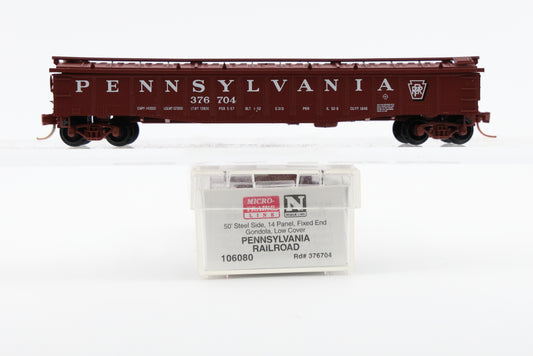 Micro Trains Line Pennsylvania, 50ft Steel Side, 14 Panel, Fixed End, Gondola, Low Cover, #37604, 106080