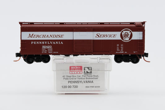Micro Trains Line Pennsylvania 40' Steel Box Car, Flat Panel Roof, Plate End w/Vertical Brake wheel, #92420, 120 00 720