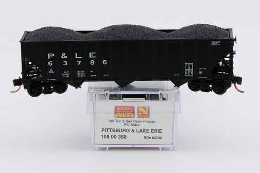 Micro Trains Line Pittsburg and Lake Erie RR 100 ton, 3 Bay Open Hopper, Rib Sides Bay Hopper car with load, #63786, 108 00 350