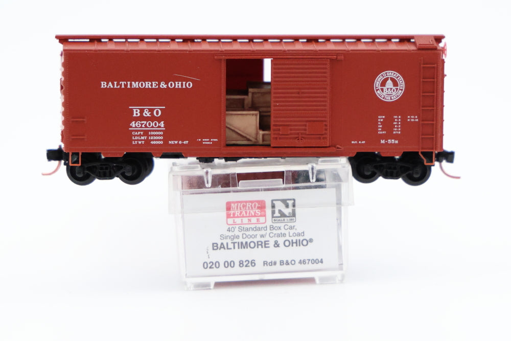 Micro Trains Line Baltimore and Ohio, 40ft Standard Box Car, Single Door, w/Crate Load, #467004, 02 00 826