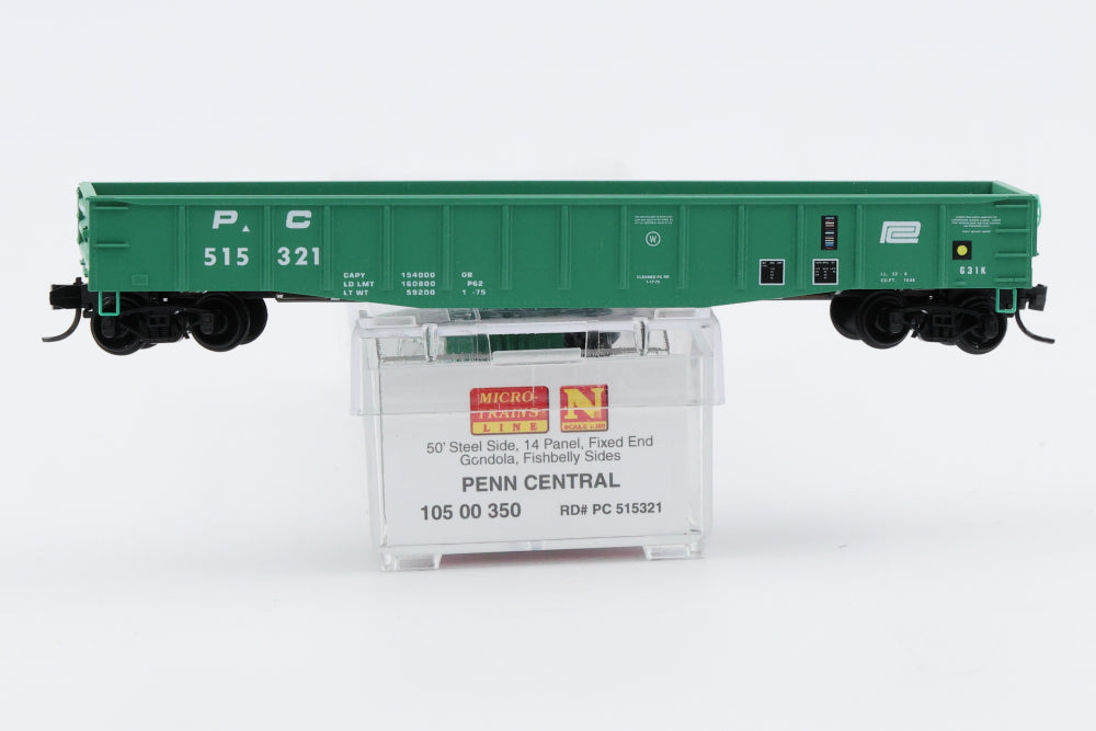 Micro Trains Line Penn Central 50ft 14 Panel Fixed end Gondola, Fishbelly Sides, #515321, 105 00 350