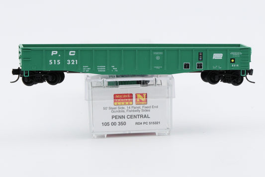Micro Trains Line Penn Central 50ft 14 Panel Fixed end Gondola, Fishbelly Sides, #515321, 105 00 350