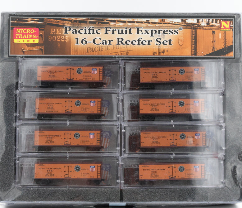 Micro Trains Line Pacific Fruit Express 16 car Reefer set, 40ft Steel side Ice Reefer cars;&nbsp; 993 01 710